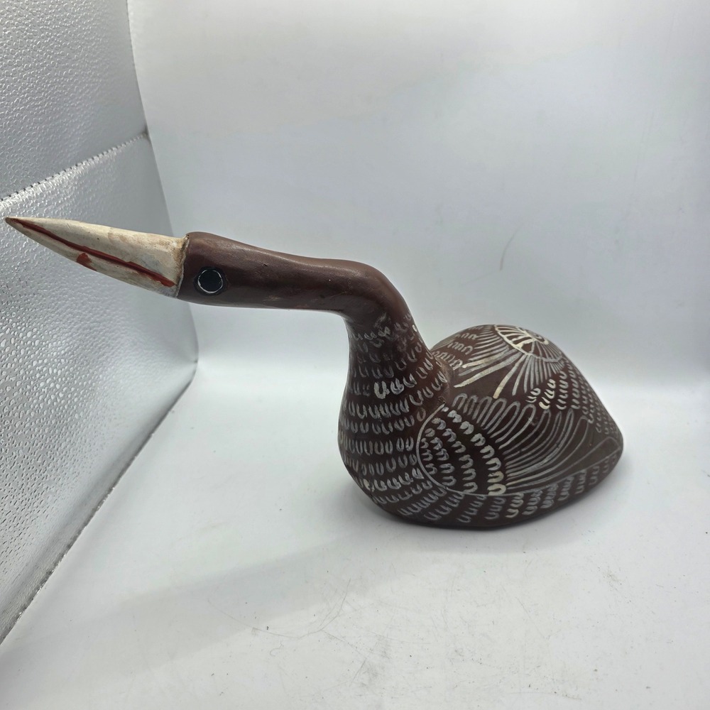 Hand Carved Wooden Goose Bird Figurine Folk Art Floral Painted Long Neck